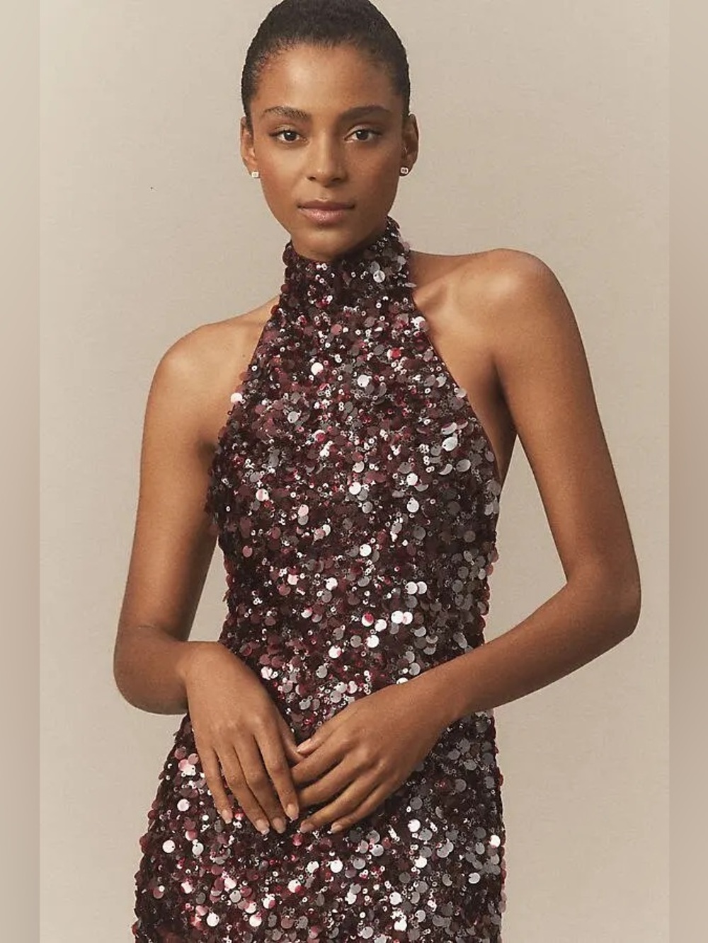 Helsi Louisa Mock-Neck Halter Stretch Sequin Maxi Dress in a merlot  Size XS NWT